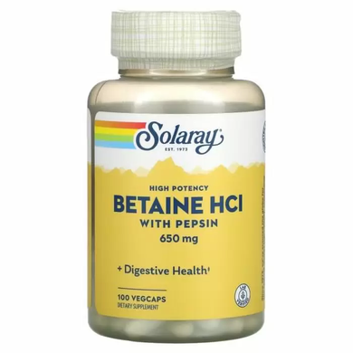 Бетаїн HCl + пепсин, Betaine HCL with Pepsin, Solaray, високоефективний, 650 мг, 100 вегетаріанських капсул