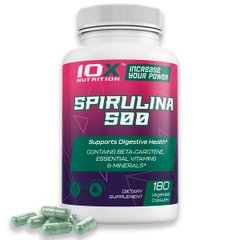 Спирулина 500, Spirulina 500, 10X Nutrition USA, 1000 мг, 180 веганских капсул