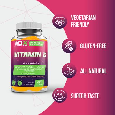 Витамин С, Vitamin C, 10X Nutrition USA, 1000 мг, 45 жевательных конфет